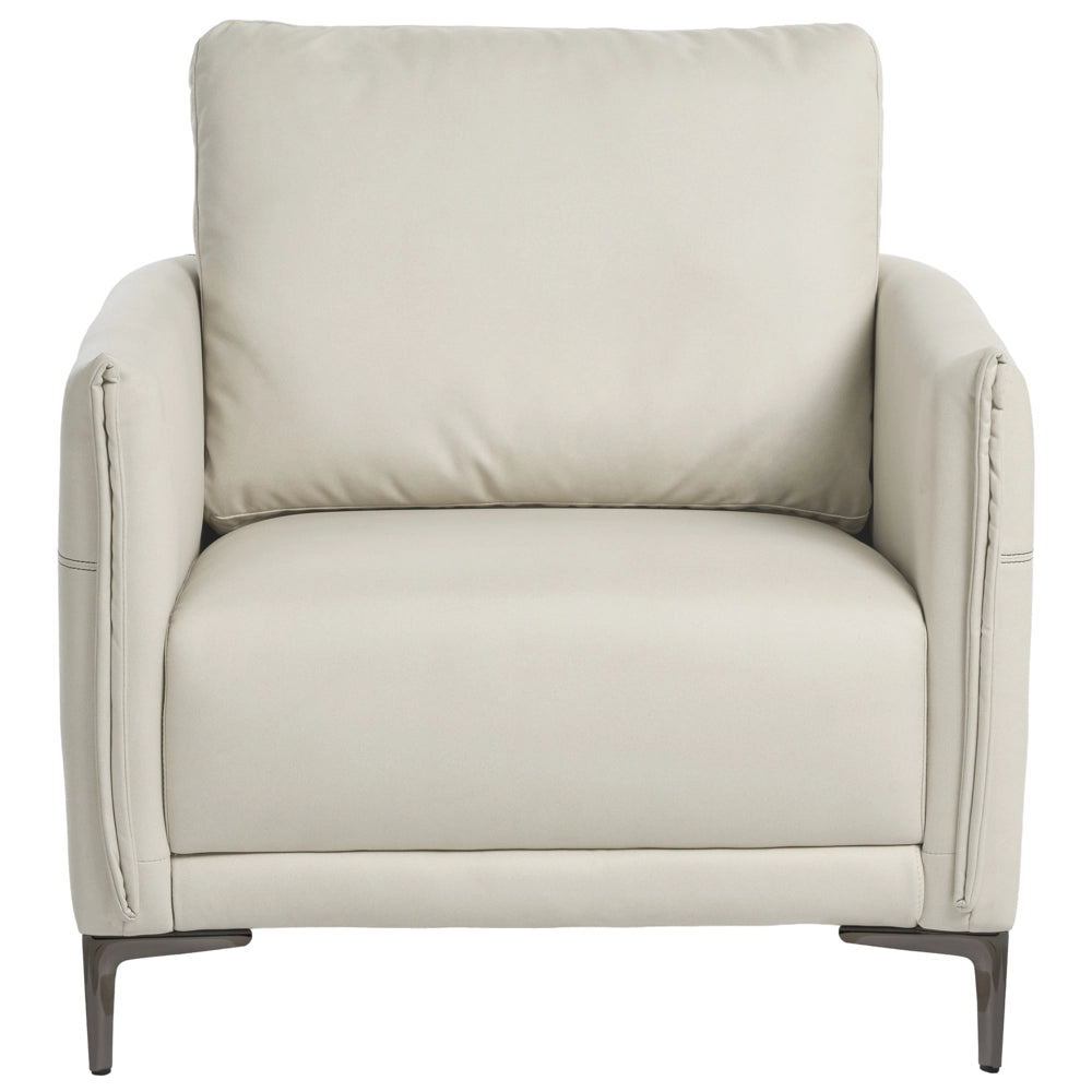 Poltrona beige chiaro imbottita in tessuto con gambe in metallo stile moderno minimalista