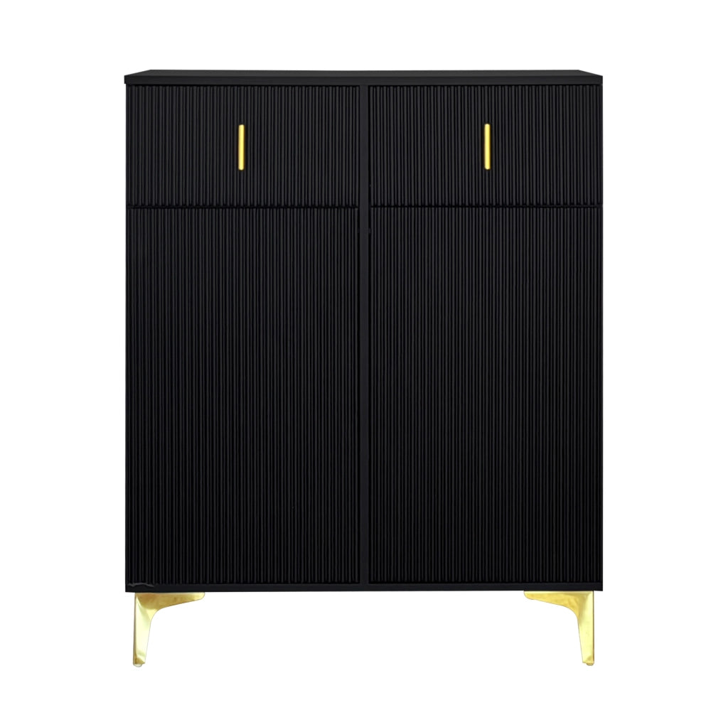 Sideboard Nero con Ante e Cassetti a Pannelli Strutturati, Ripiani Regolabili e Dettagli Dorati 83x101x35 cm