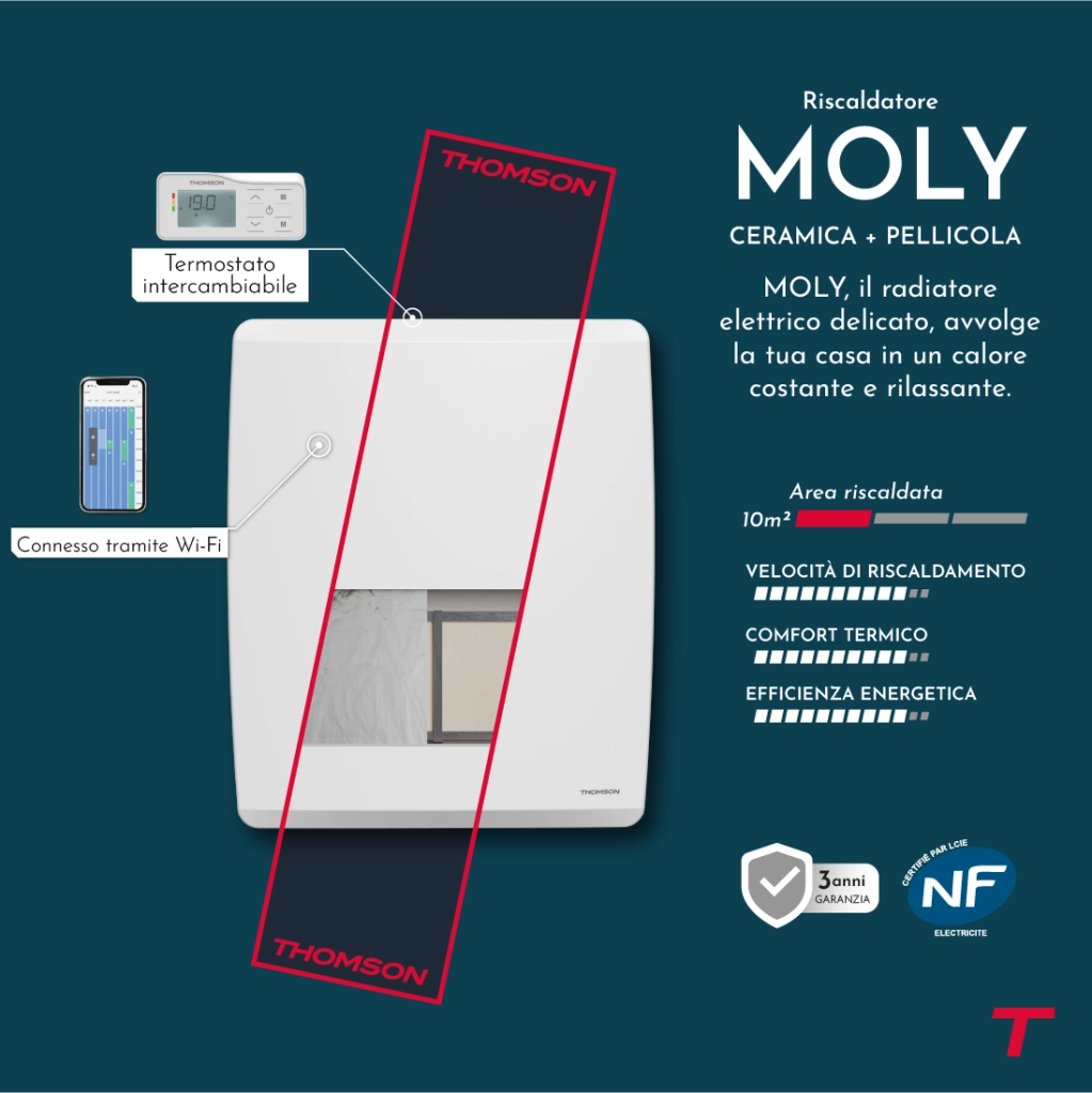 Radiatore elettrico Thomson WiFi con ceramica secca e inerzia a film, termostato intercambiabile, molibdeno da 1000 W