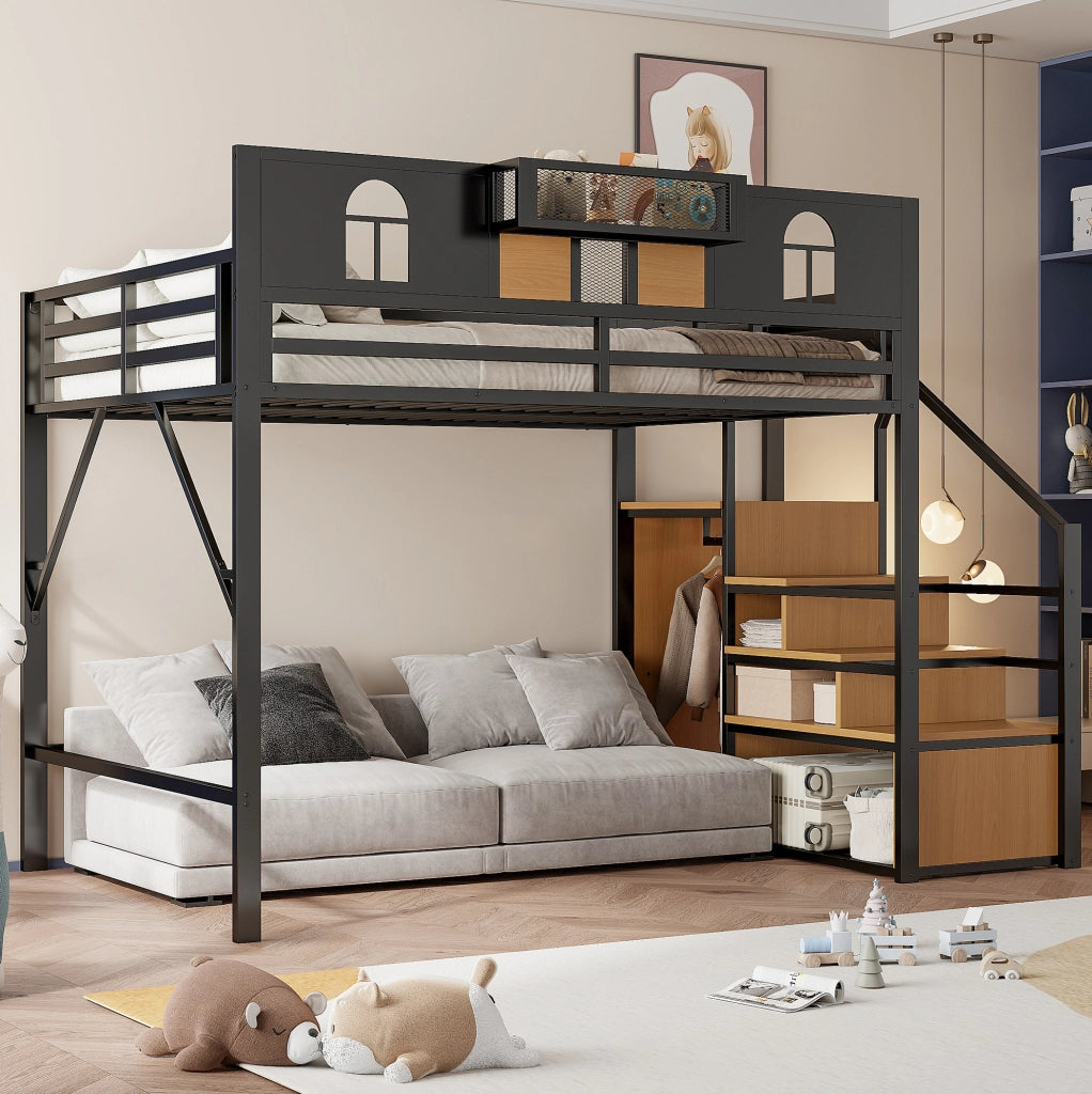 Letto a soppalco in metallo 140x200 cm con scala contenitore