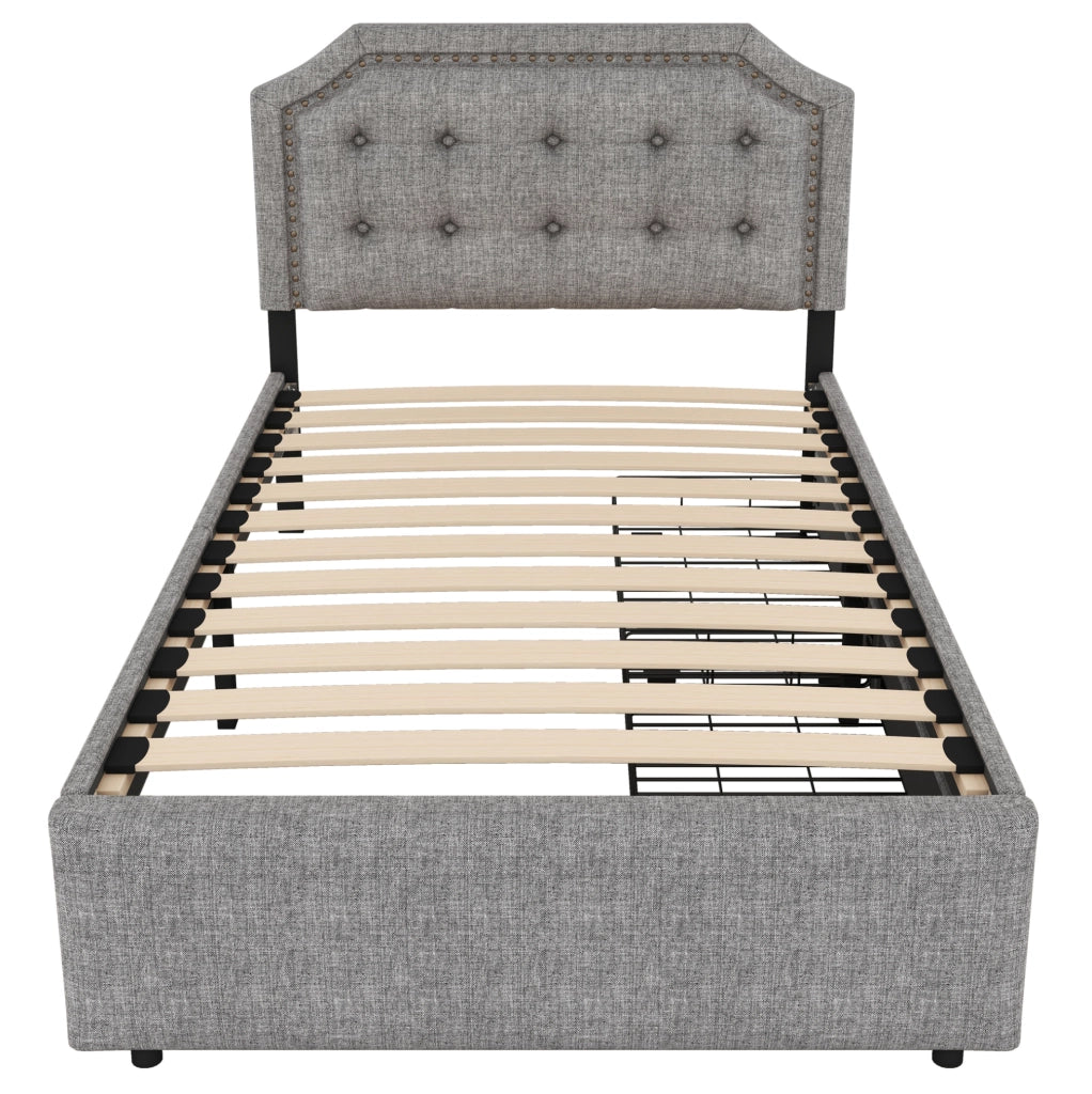 Letto imbottito 90x200 cm; con cassetti; MDF e lino; grigio