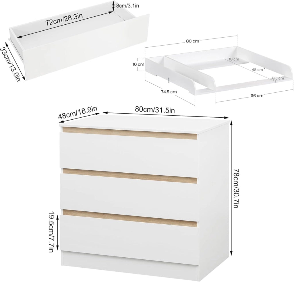 Cassettiera con Fasciatoio per Bambini, Cassettiera a 3 Cassetti, Fasciatoio con Divisorio Rimovibile, in MDF, Truciolare e Metallo, Bianco+Rovere