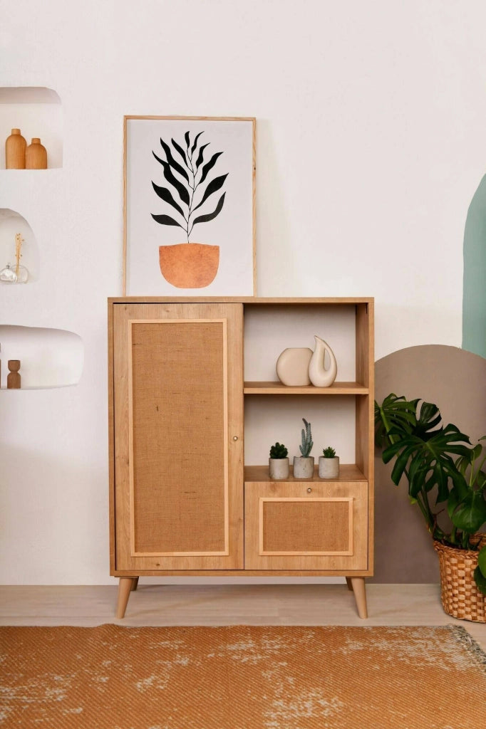 Credenza Jingu, Buffet da soggiorno, Madia da salotto, Dispensa da cucina, 90x40h110 cm, Quercia