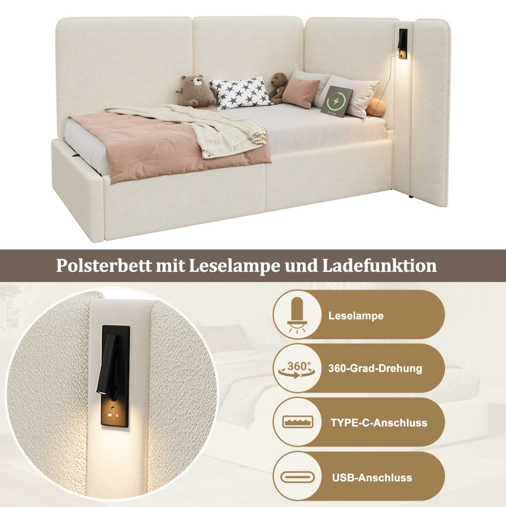 Letto contenitore 90x200 cm con lampada da lettura; USB e Type-C; bouclé beige
