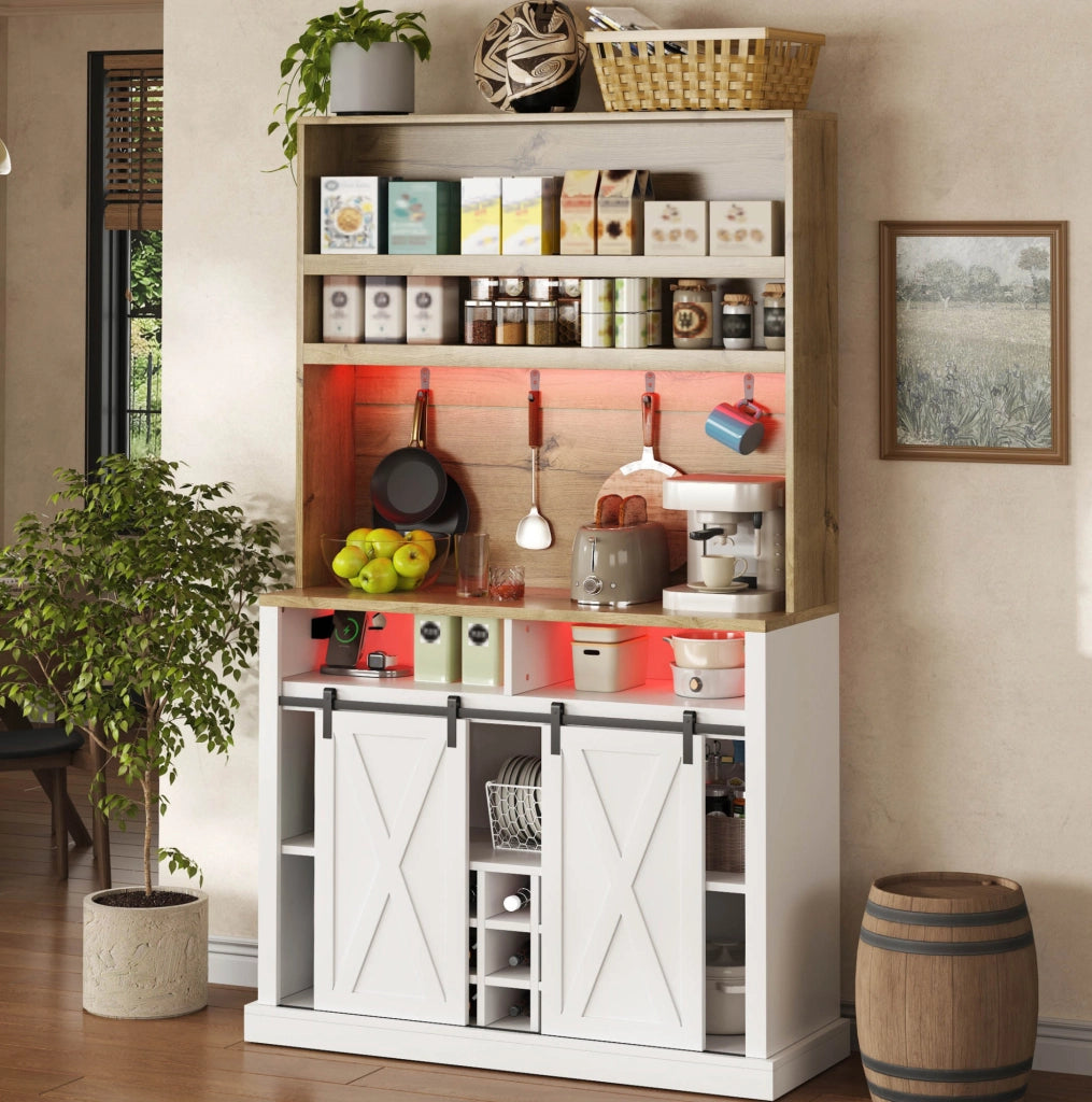 Mobile cucina alto 110x40x191 cm con LED; prese USB; ripiani e vetrina; bianco naturale