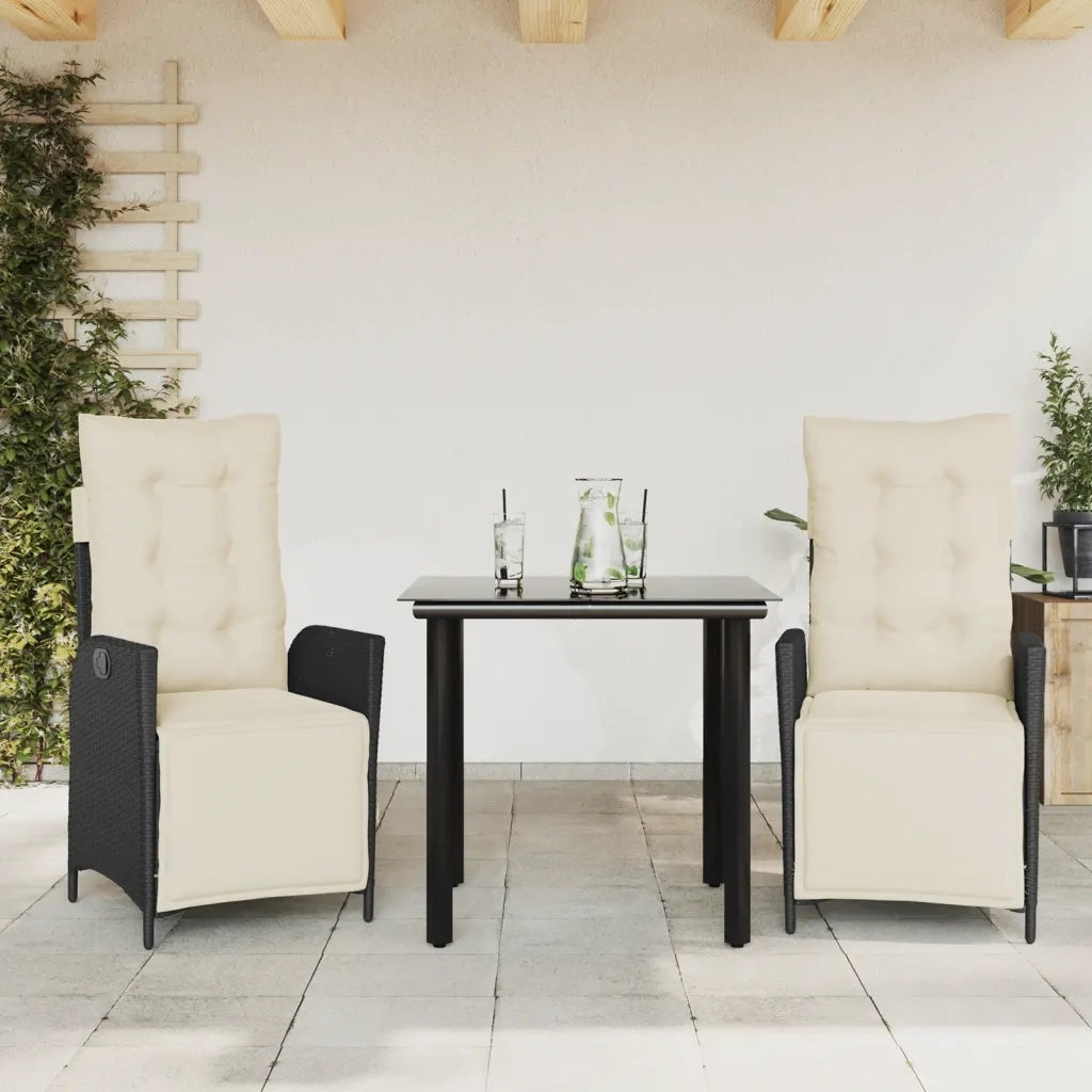 Set da Pranzo da Giardino 3 pz | Set Salotto da Giardino con Cuscini Nero in Polyrattan