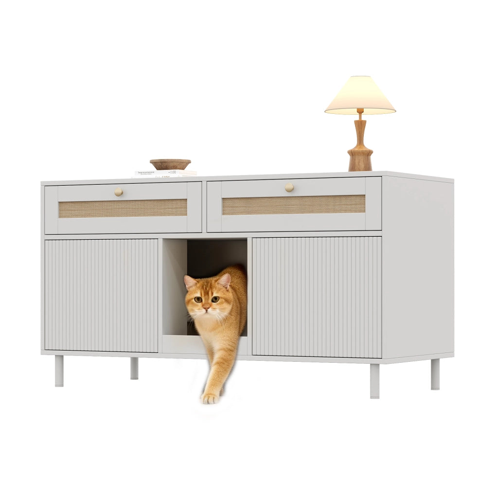 Mobile porta lettiera per gatti con doppia anta, cassetto, tappetino raccogli-sabbia, MDF bianco, 120x50x65 cm