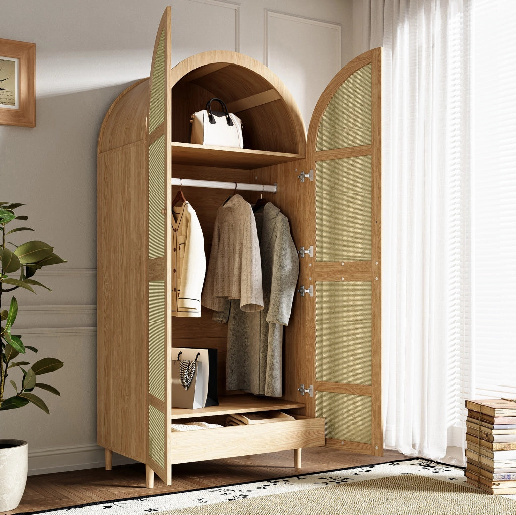 Armadio moderno 80x50x179 cm con ante in rattan e cassetti