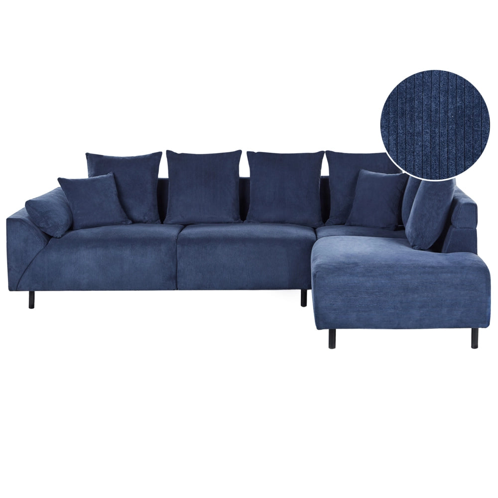 Divano ad angolo in velluto a coste blu e gambe in metallo design retrò stile moderno