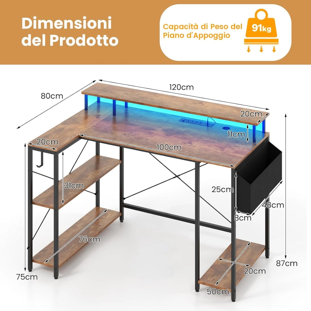 Scrivania Angolare da Gaming, Scrivania Salvaspazio a Forma di L con Luci LED, Stazione di Ricarica, Ripiani e Supporto per Monitor, Scrivania ad Angolo per Casa e Ufficio (Marrone)