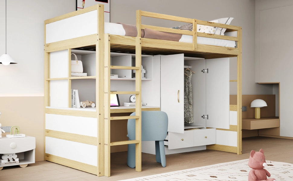 LETTO A SOPPALCO 90 x 200 cm con scrivania, armadio e cassetti, legno naturale