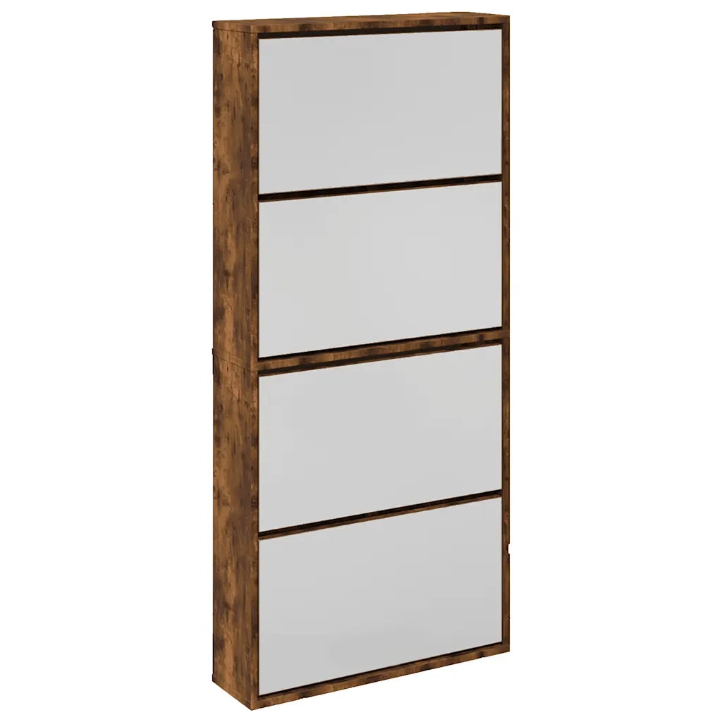 Scarpiera con Specchio a 4 Livelli Rovere Fumo 63x17x134 cm