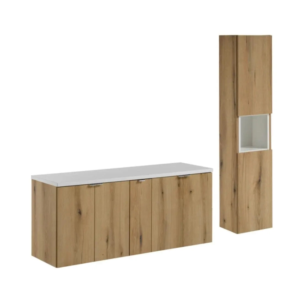 Set da bagno VANO effetto rovere e bianco 170cm: mobili sotto lavabo con armadietti + piano per lavabo + colonna