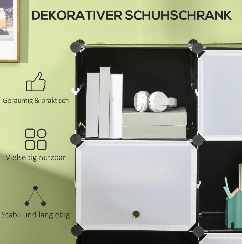 Scaffale modulare con 12 cubi contenitori in plastica e acciaio nero e bianco 125x32x125 cm