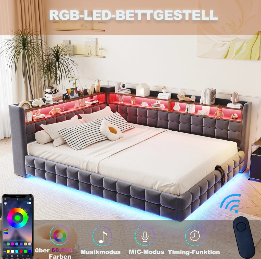 Letto imbottito divano letto 140x200 cm con contenitore idraulico; LED; USB e Type-C; grigio