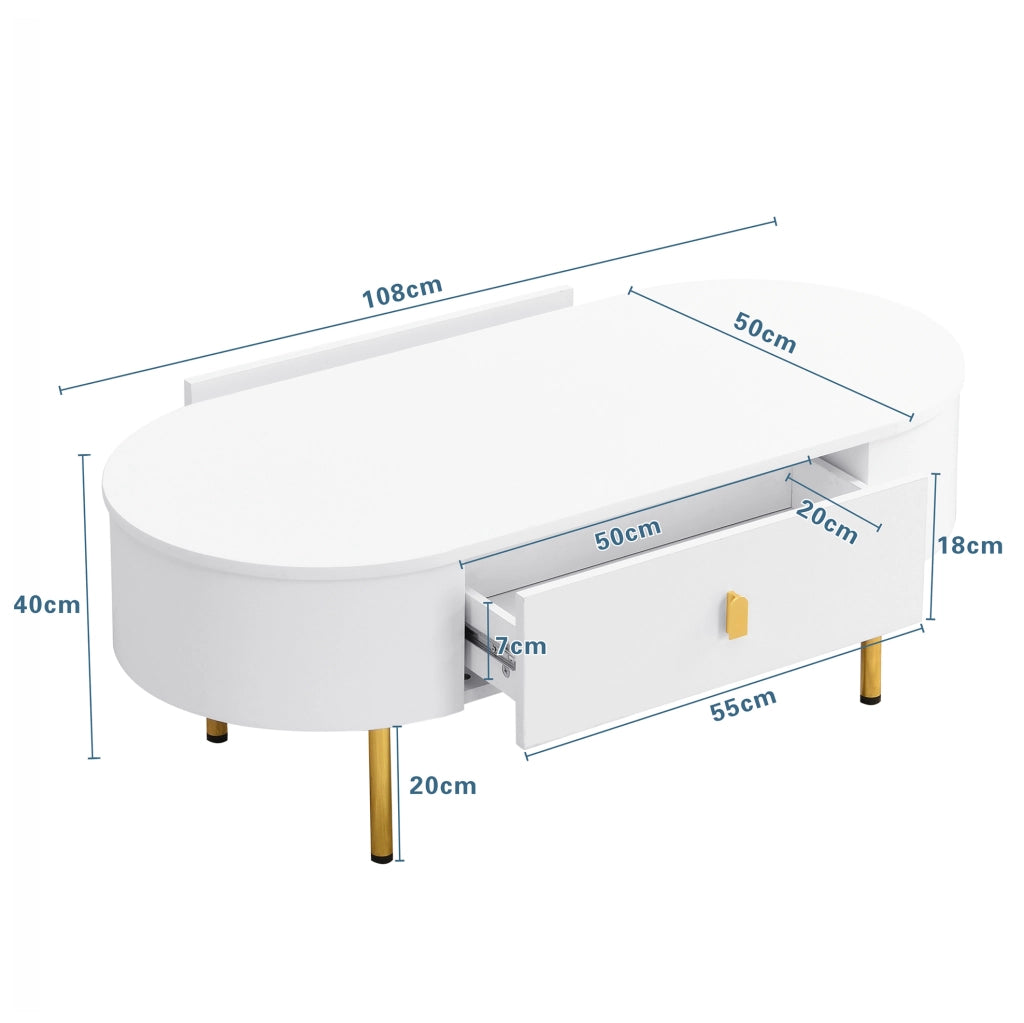 Tavolino da caffè moderno 108 cm con 2 cassetti; dettagli oro; bianco; MDF