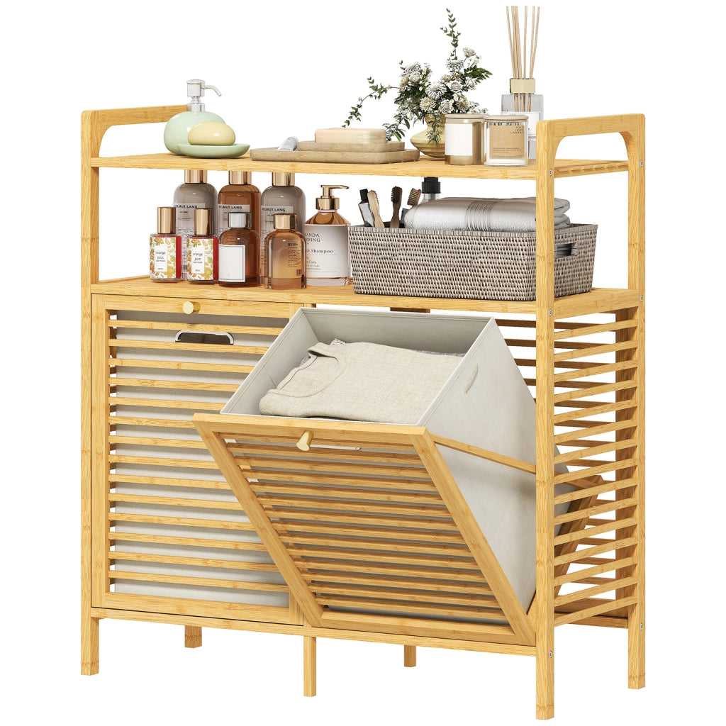 Mobile Portabiancheria con 2 Cesti da 41L e 2 Ripiani. in Bamb¨´ e Poliestere. 82x33x88 cm. color Legno e Crema