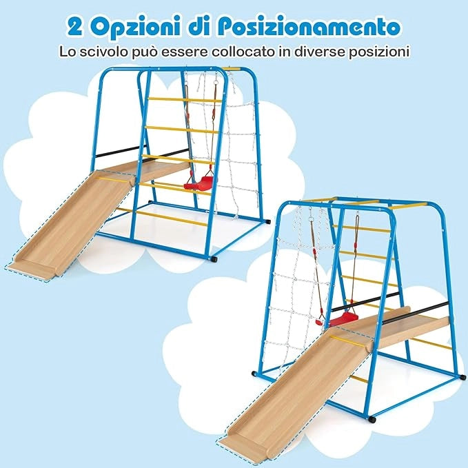 6 in 1 Set da Arrampicata per Bambini, Set Giocattoli di Metallo con Scivolo Altalena Sbarre Scala da Arrampicata e Parete di Corda, Parco Giochi per Bambini 3 Anni+