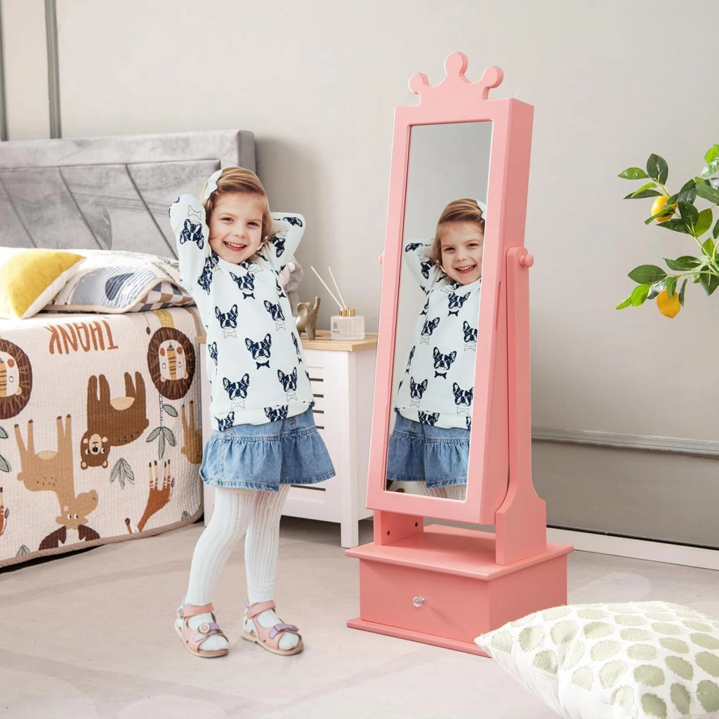 Armadio Gioielli per Bambini con Specchio, Armadietto Portagioie da Terra per Bambini con 3 Cassetti, per Bambini 3+ Anni, Ideale per Camera da Letto (Rosa)
