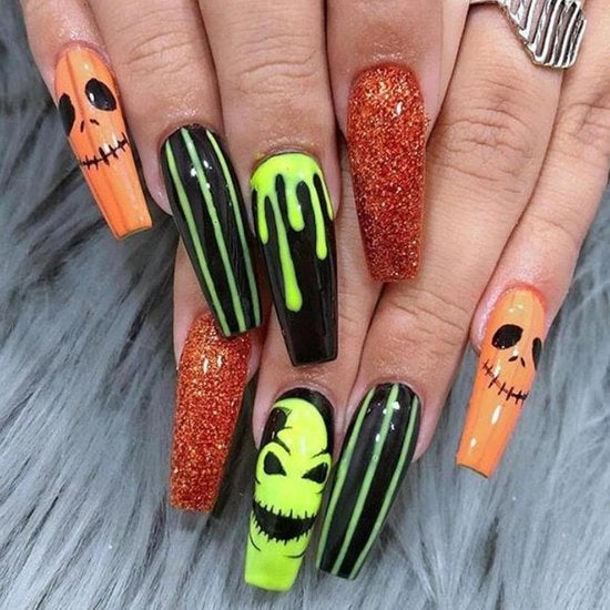 Naginale Artificiale Halloween a 24 pezzi con Disegno di Contadino Acrilico Completo Press on per Donne e Ragazze