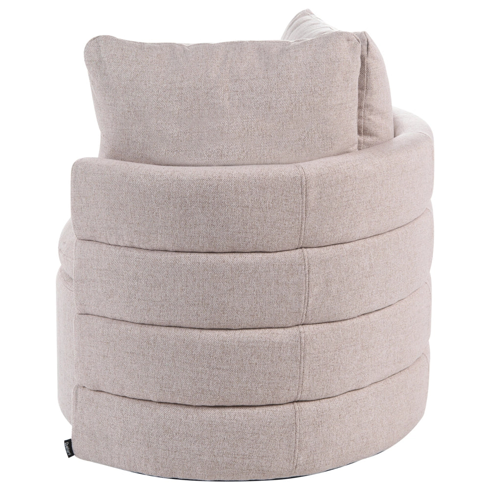 Poltrona in tessuto con schienale curvo base girevole a 360° con contenitore cuscini decorativi beige stile retrò angolo lettura