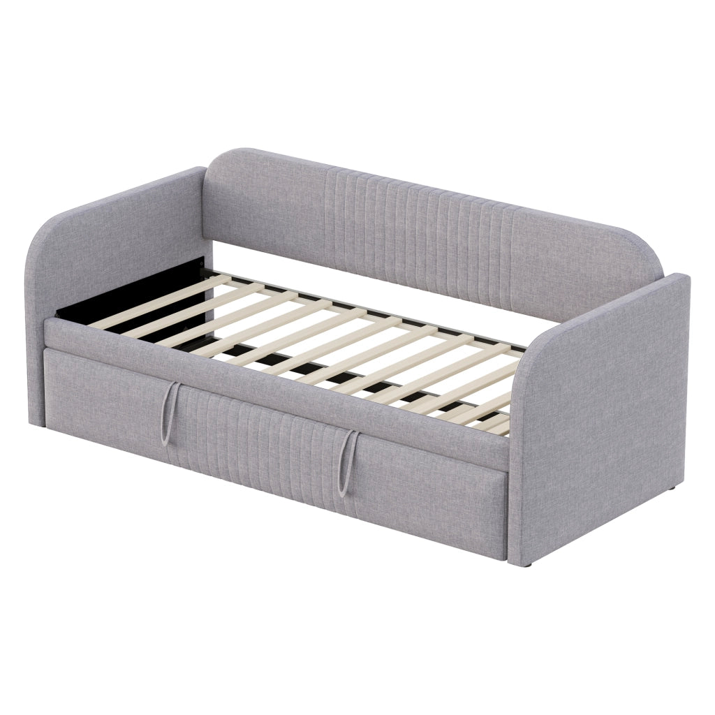 Letto imbottito trasformabile 90/180x190 cm con rete a doghe, tessuto effetto lino traspirante, grigio chiaro