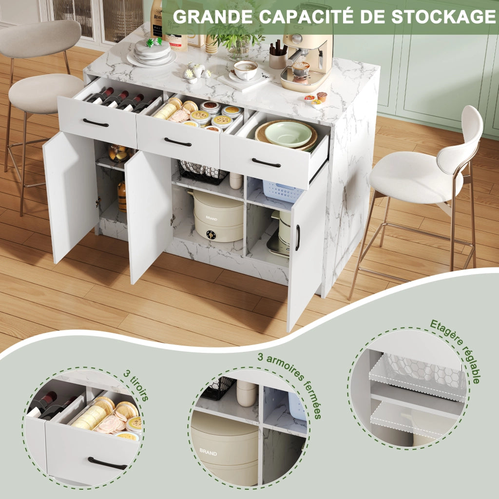 Isola da Cucina con 3 Cassetti e 3 Ante; Ripiani Regolabili e Zona Bar; in MDF; 120 x 60 x 90;5 cm