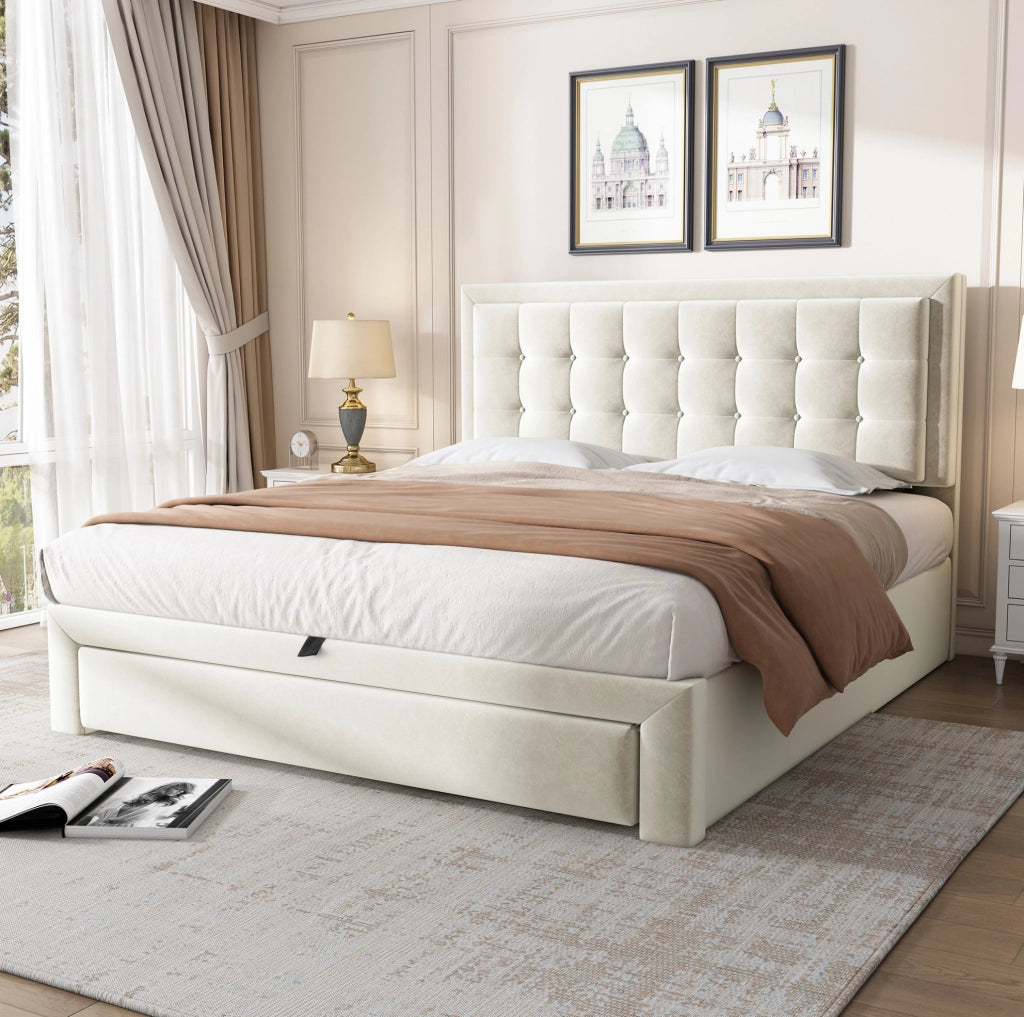 Letto contenitore 140x190 cm in velluto beige con testiera regolabile