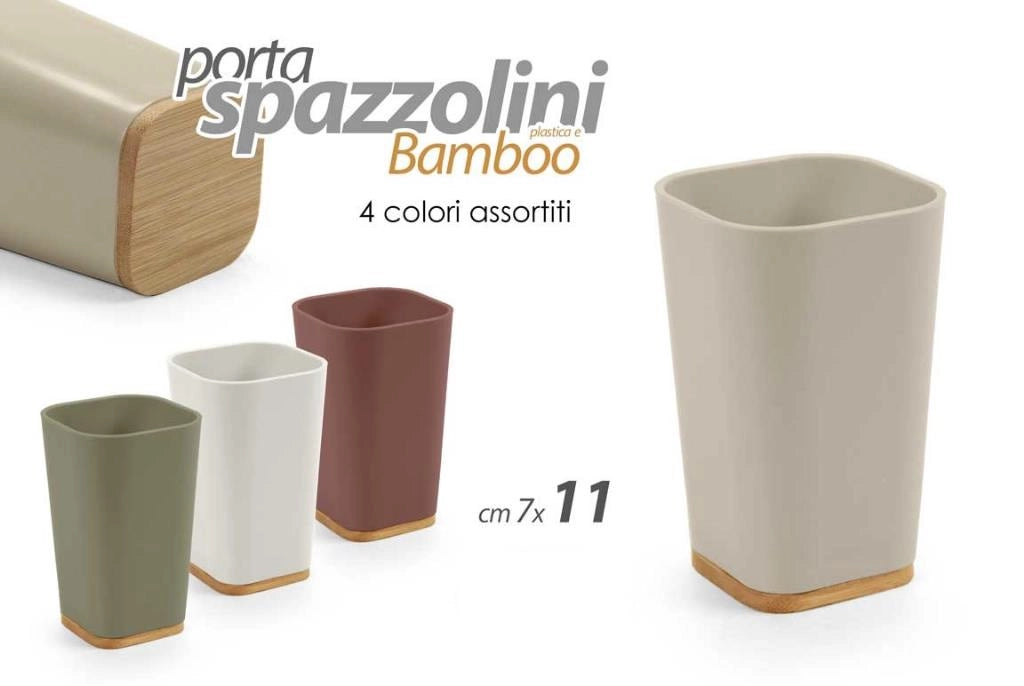 1 Pezzo Bicchiere Portaspazzolini in Plastica e Bamboo 7 x 11 cm 4 Colori