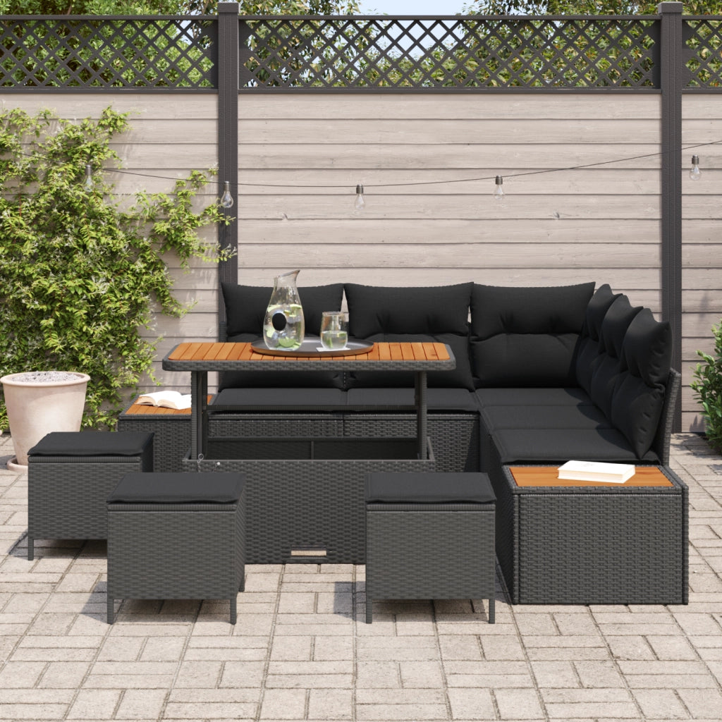 Set Divano Giardino 9 Pezzi con Cuscini Nero Rattan Poliacacia