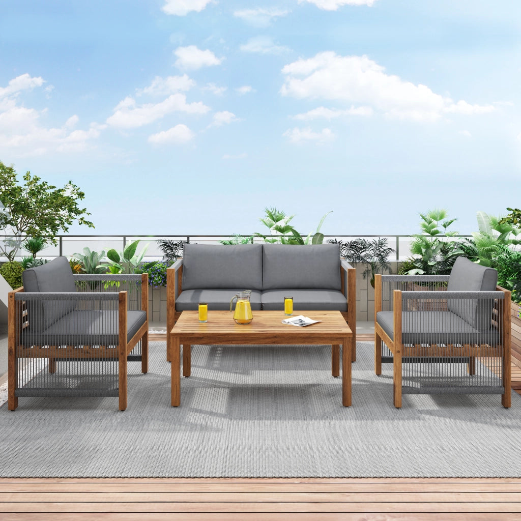 Set Salotto da Giardino con Divano, 2 Poltrone e Tavolino ¨C MINIMAL ¨C Polyrattan Acacia Grigio