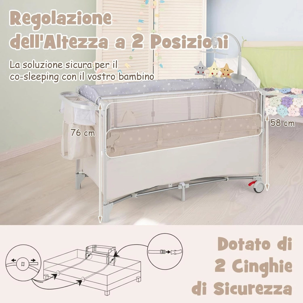 5 in 1 Lettino per Bambini con Materasso, Lettino Culla da Viaggio per Neonati, Culla Neonato con Fasciatoio, Box Portatile Pieghevole, con Ruote e Borsa, 125 x 65 x 119 cm (Beige)
