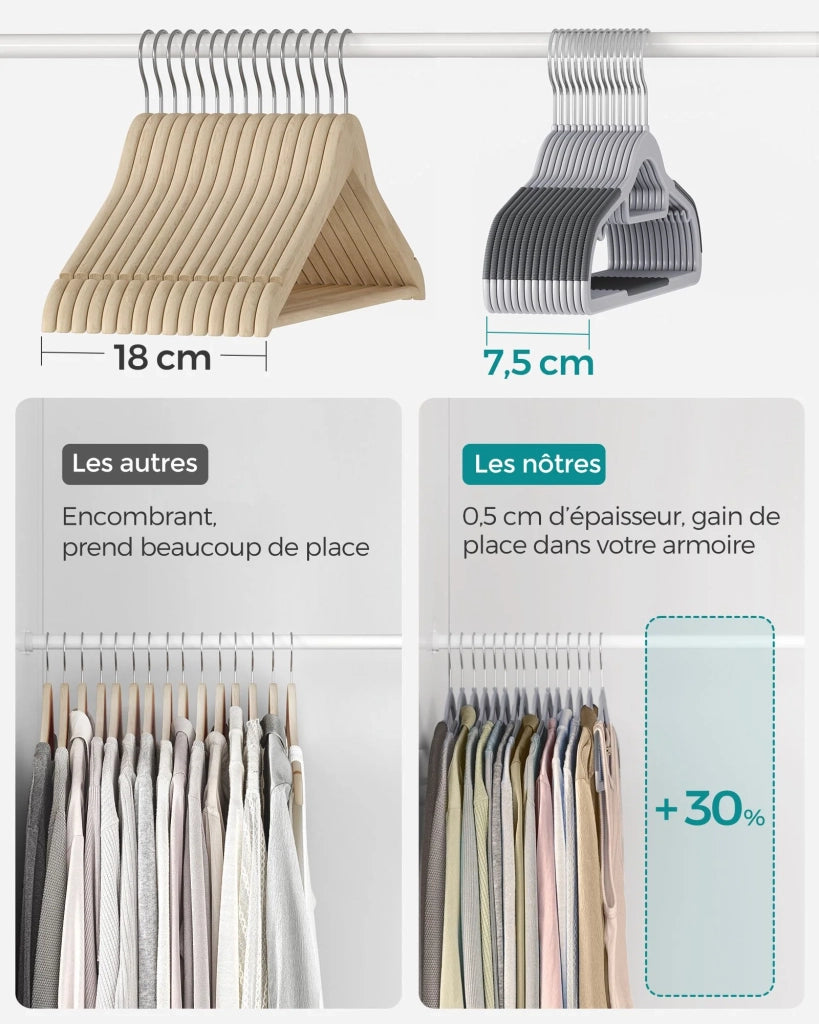 Confezione da 50 robuste grucce in plastica antiscivolo salvaspazio spessore 6 cm gancio girevole a 360° lunghezza 42 cm grigio 12_0006314