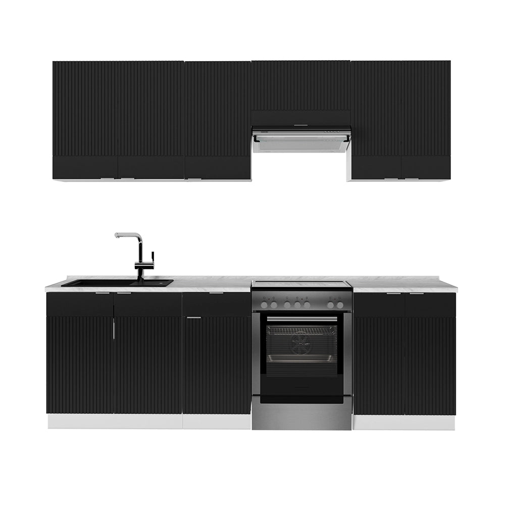 Cucina componibile Fame-Line Nero rigato/Bianco 240 cm, PL Marmo Vicco