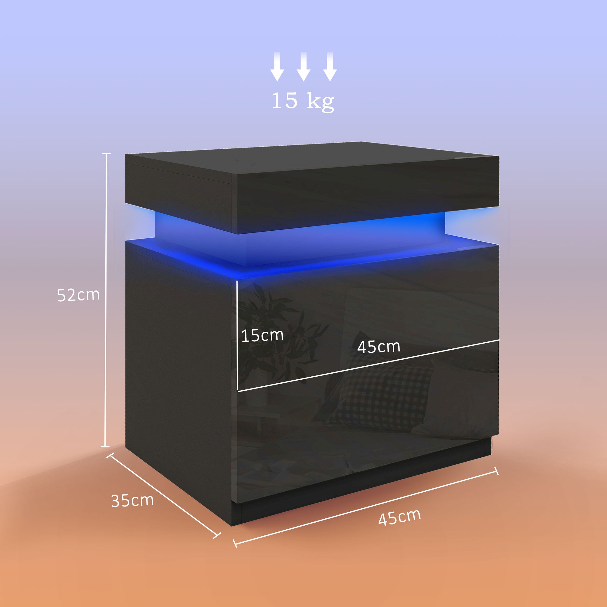 Comodino 45x35x52 cm Illuminazione LED a 16 Colori e 4 Modalità con 2 Cassetti in Legno Nero