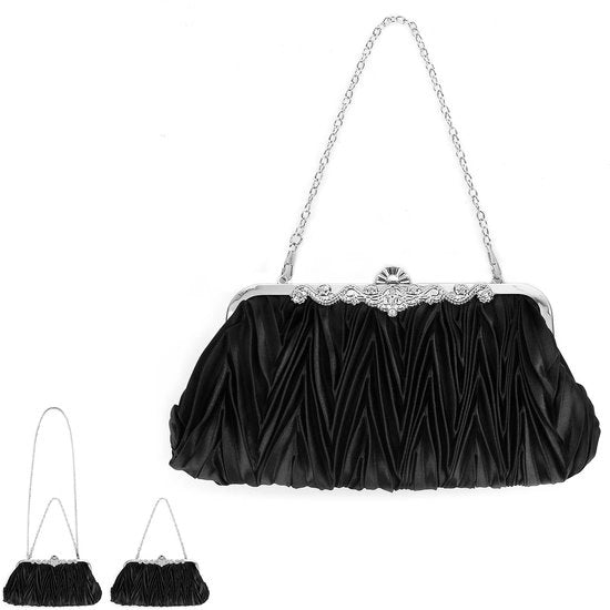 Clutch satinata pieghettata per donne, matrimonio, con 2 catene per sera (nero), nero, 10,5 pollici