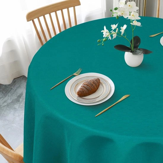Tavolo Rond Copertina da Tavolo Ø 120cm, Copertine da Tavolo Bluverdi con Aspetto di Lino, Copertina da Tavolo in Poliestere Lavabile con Effetto Lotus, Resistente ai Graffi per Salotto, Cucina, Balcone, Giardino