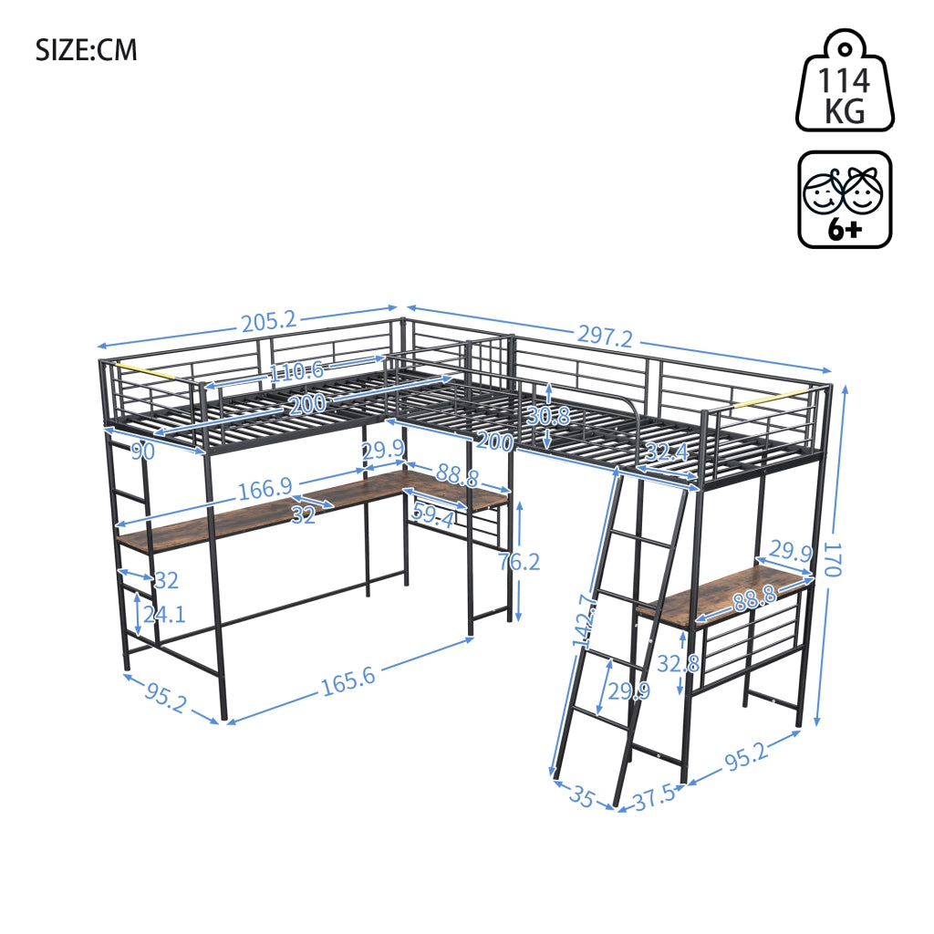 Letto a castello nero in MDF e metallo 90x200 cm
