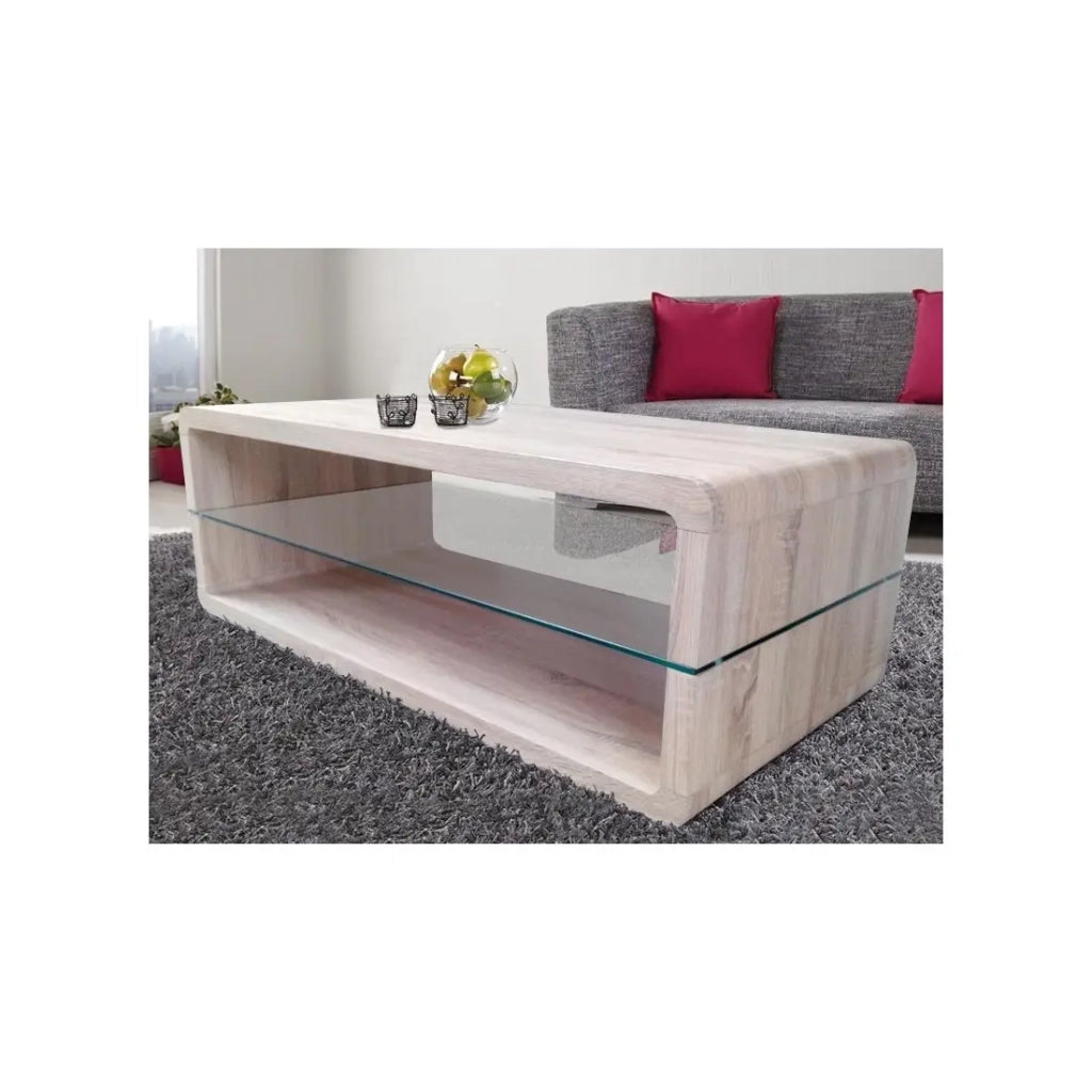 Tavolino basso LEVIS – Design contemporaneo – Color quercia – Ripiano intermedio in vetro