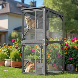 Recinto per gatti da esterno 74 x 78 x 180 cm, legno di abete, più livelli, 2 porte, con rotelle, recinto per gatti per giardino, balcone, rifugi