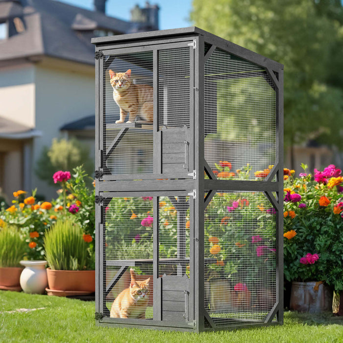 Recinto per gatti da esterno 74 x 78 x 180 cm, legno di abete, più livelli, 2 porte, con rotelle, recinto per gatti per giardino, balcone, rifugi