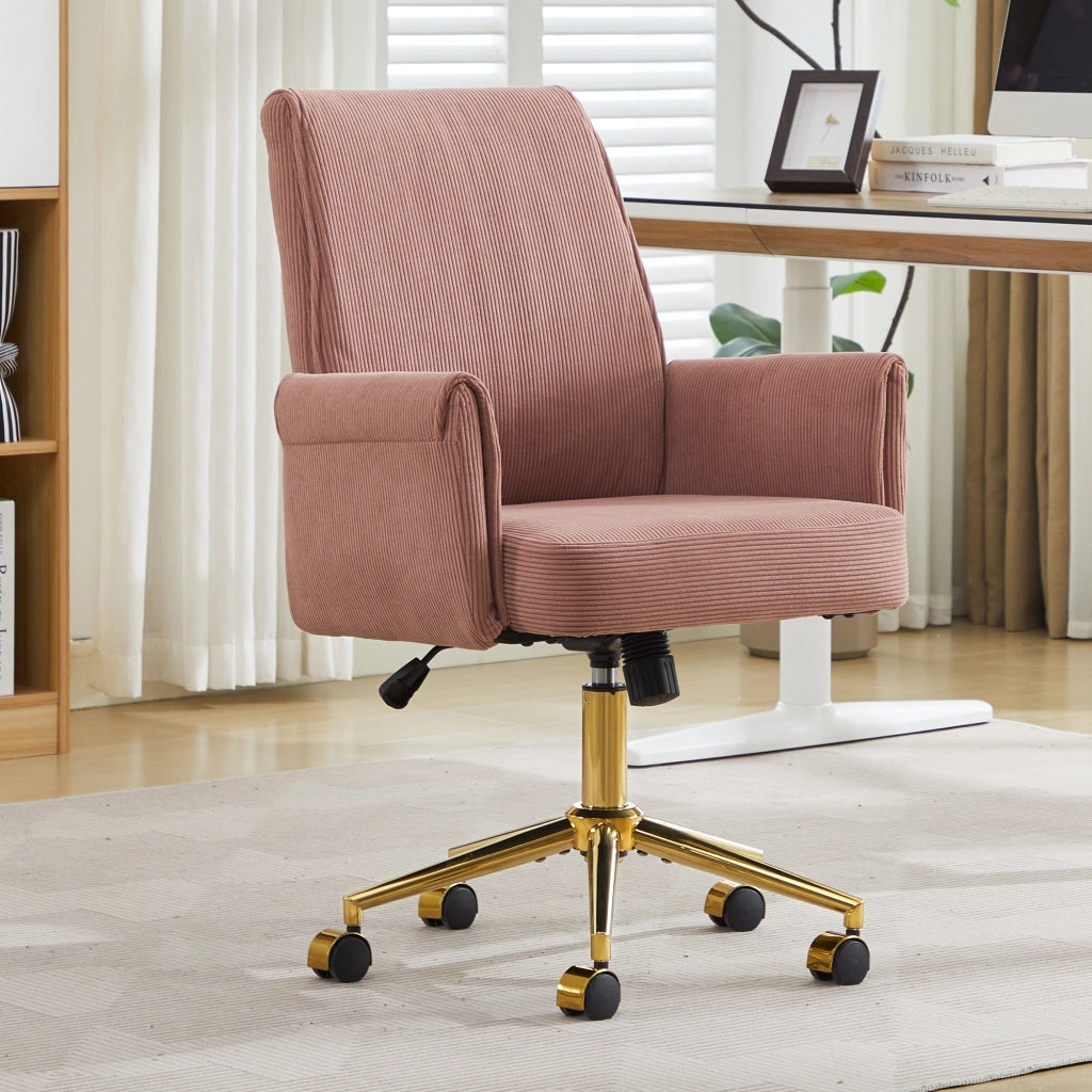 Sedia da ufficio girevole ergonomica con supporto lombare, base dorata e imbottitura in velluto a coste rosa
