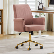 Sedia da ufficio girevole ergonomica con supporto lombare, base dorata e imbottitura in velluto a coste rosa