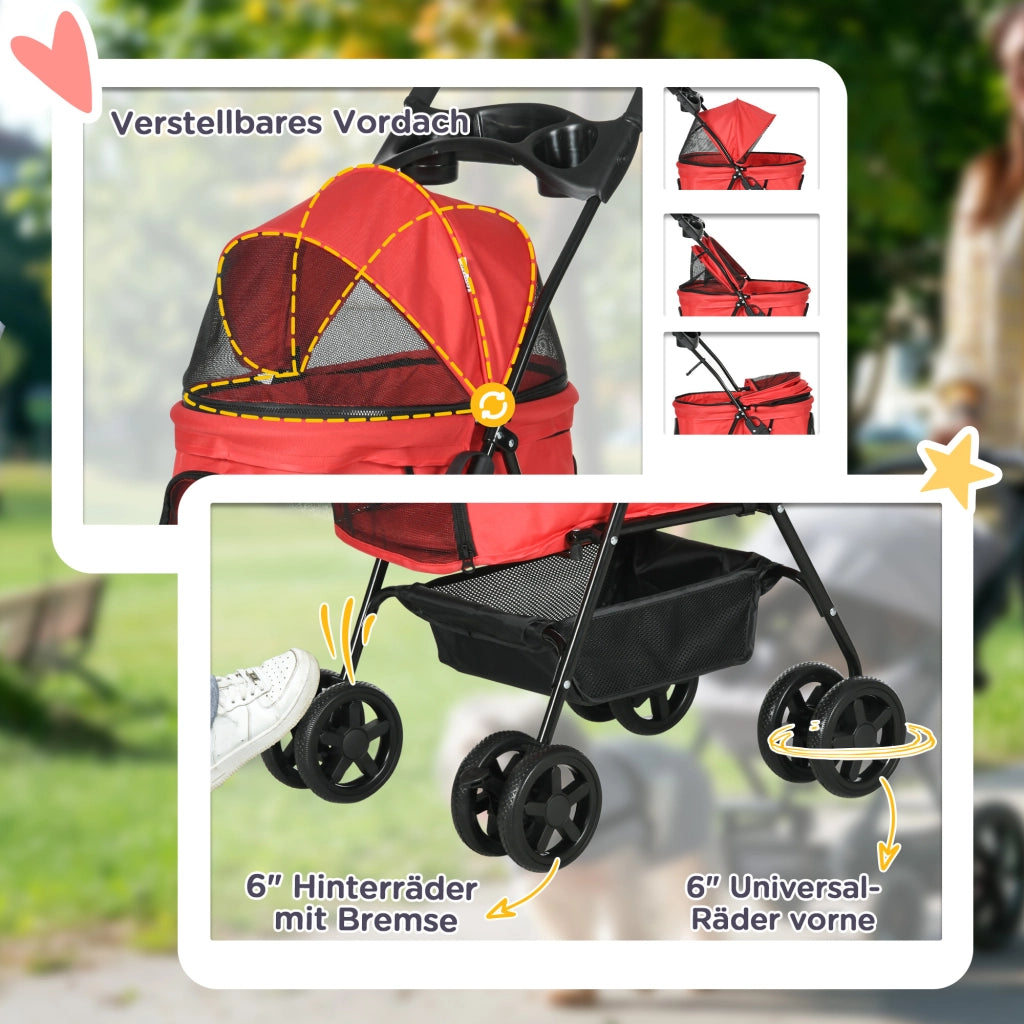 Carrello pieghevole per animali con quattro doppie ruote freno posteriore in tessuto oxford rosso 67 × 45 × 96 cm
