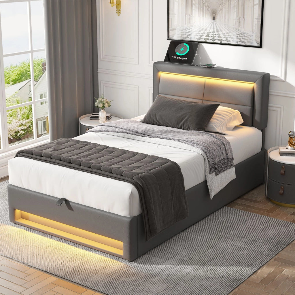 Letto imbottito 90 x 200 cm con USB, illuminazione LED e spazio contenitore, senza materasso, PU, grigio