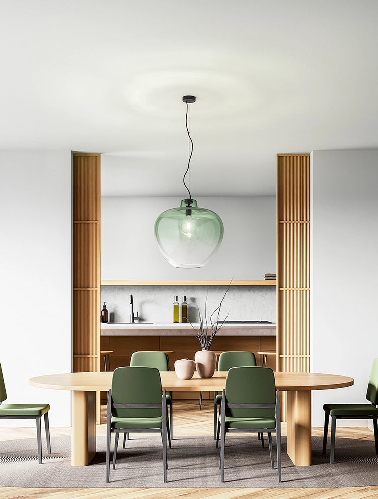 Sospensione in vetro soffiato 10S46667 VE, design moderno con finitura verde specchiato sfumato e struttura in metallo nero opaco, E27 - Perenz