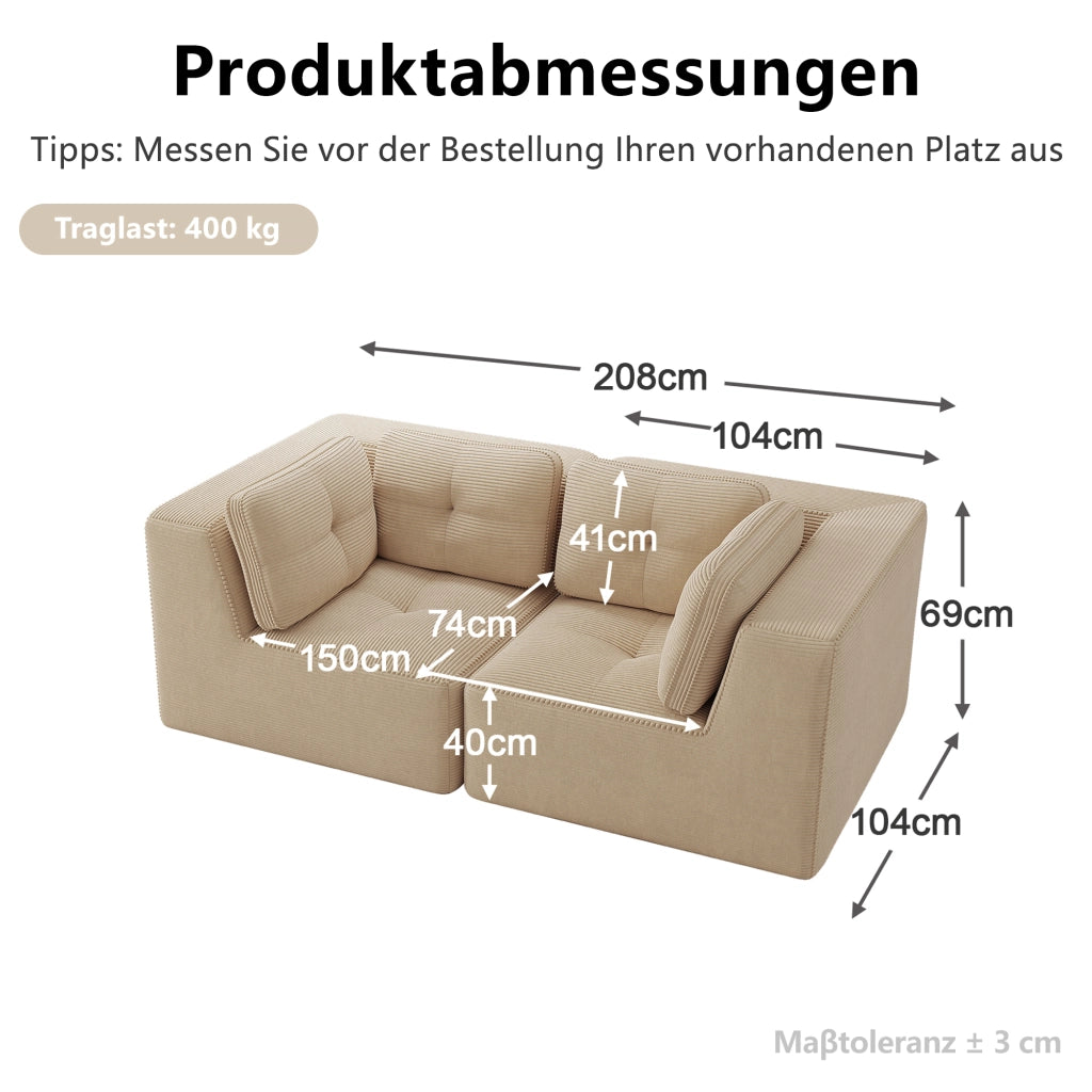 Divano angolare modulare senza struttura, in tessuto effetto velluto a coste beige, seduta profonda e design configurabile