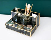 Organizzatore di cosmetici, contenitore per make-up, houder di bellezza, contenitore per pennelli per make-up, 20 x 14 x 10 cm, giallo oro, nero, vetrina per cosmetici, spazio di conservazione per make-up, trasparente, foglio decorativo