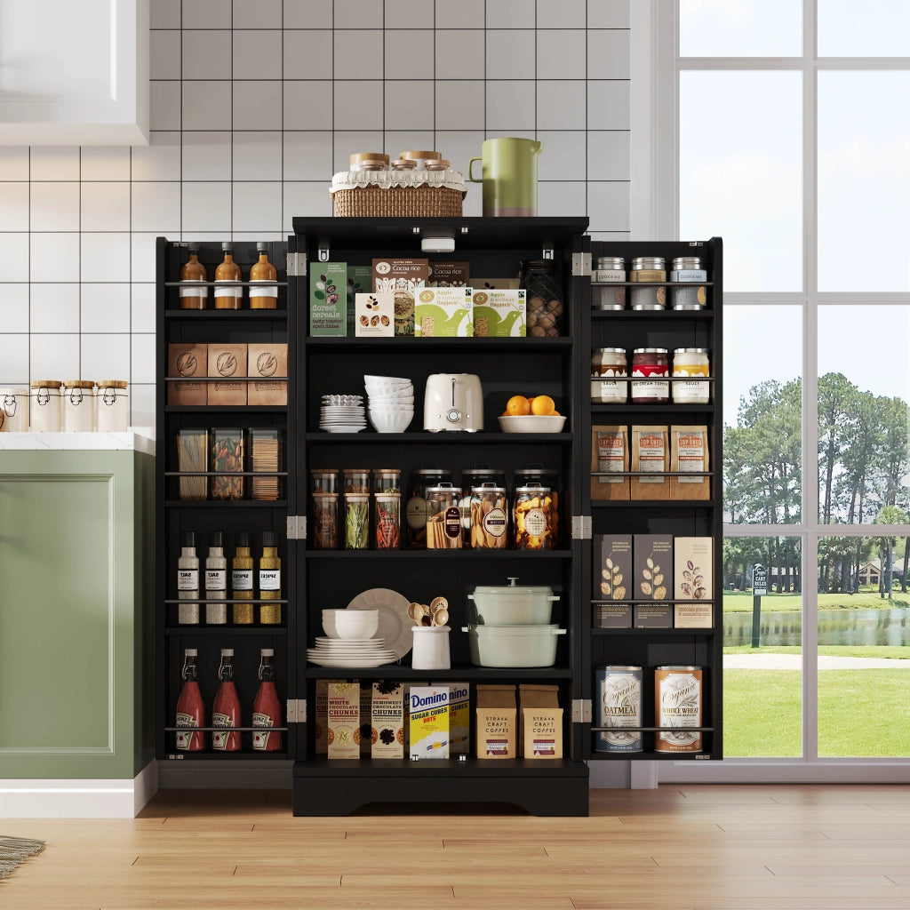 Dispensa alta con LED sensore 2 ante ripiano regolabile e vani anta per cucina soggiorno nera 120 × 60 × 40 cm