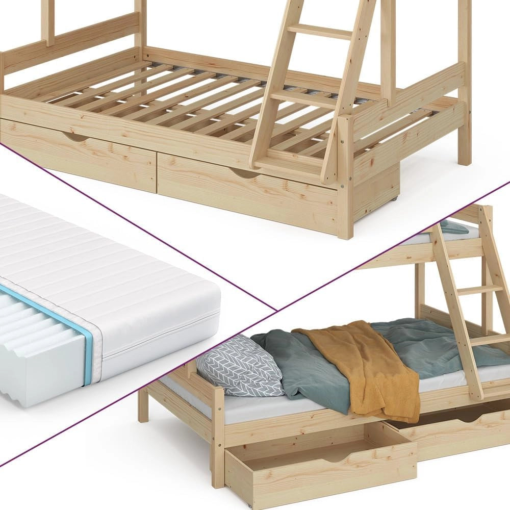Letto a castello Everest, Legno naturale, 120x200 / 80x200 cm con 2 materassi e 2 cassetti, con scala integrata e sistema di doghe stabile